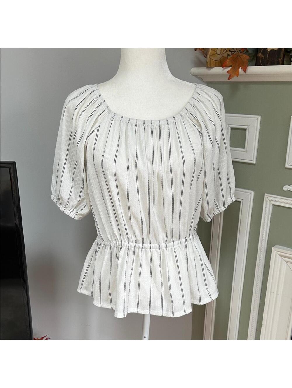 Nine West White and Black Striped Peplum Blouse